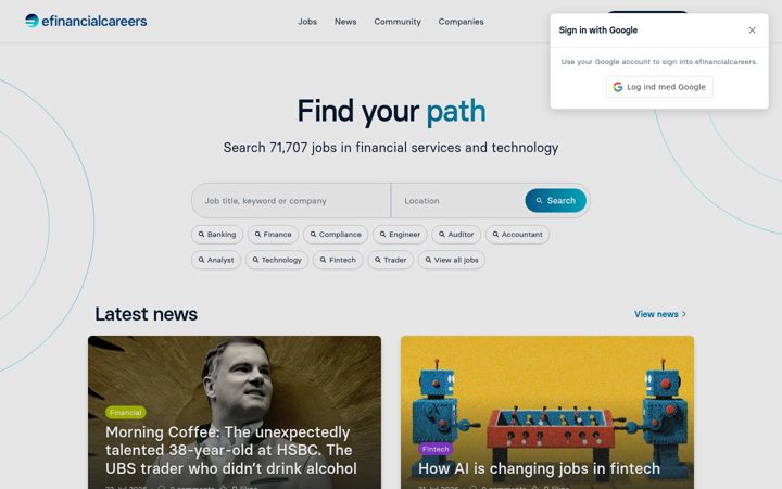 Screenshot of efinancialcareers.sg