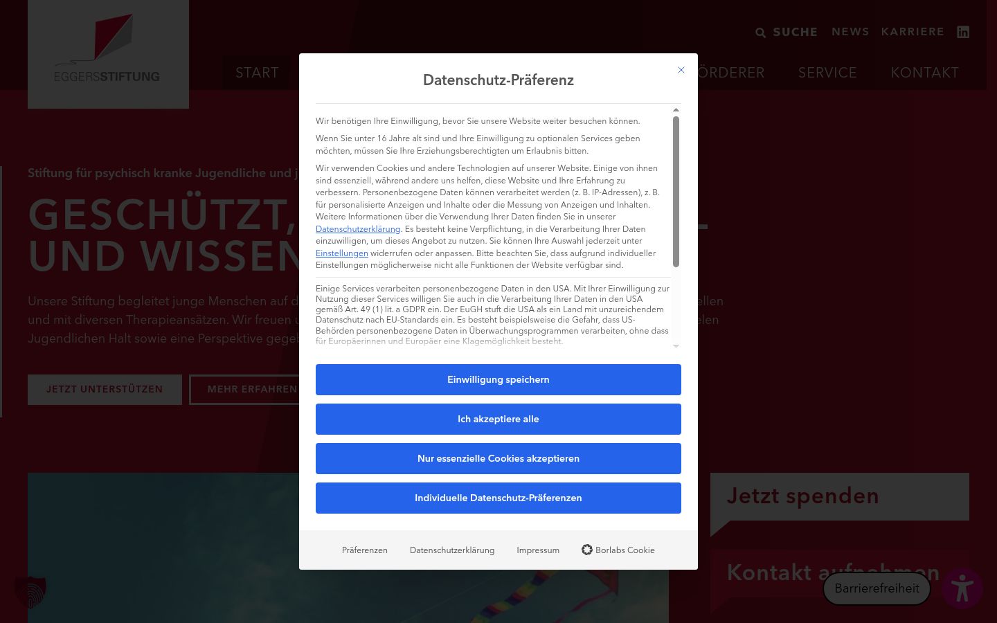 Screenshot del banner di consenso mostrato prima di qualsiasi interazione