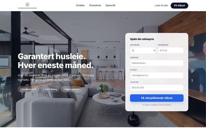 Captură de ecran a eiendomspartneren.no