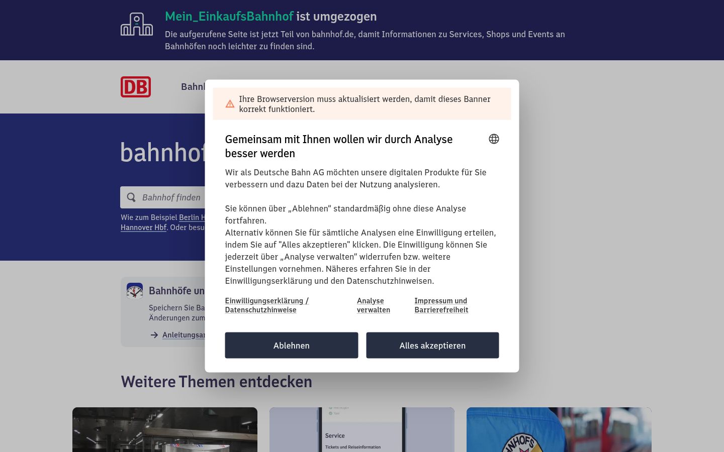 Snímek obrazovky baneru souhlasu zobrazeného před jakoukoli interakcí