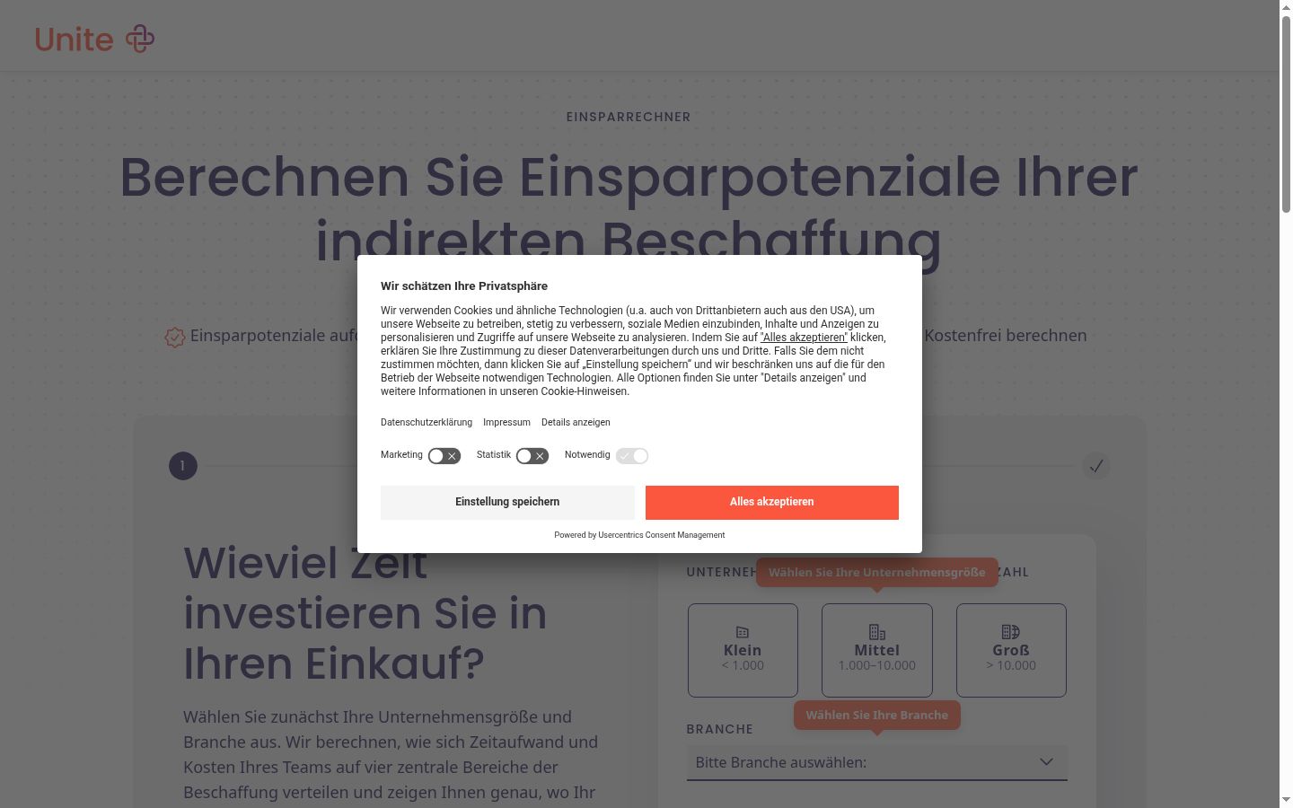 Screenshot des Einwilligungsbanners vor jeglicher Interaktion