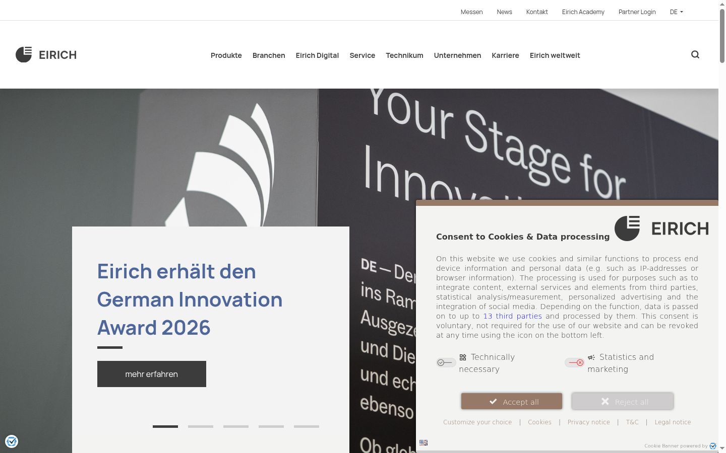 Screenshot des Einwilligungsbanners vor jeglicher Interaktion