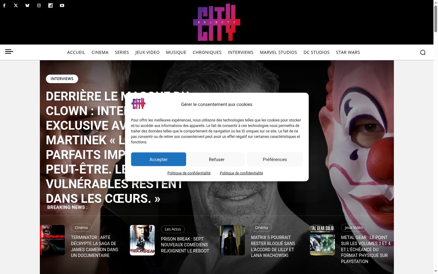 Capture d'écran de la bannière de consentement affichée avant toute interaction