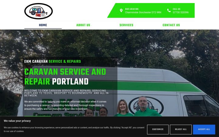 Ekrānuzņēmums no ekmcaravanservices.co.uk