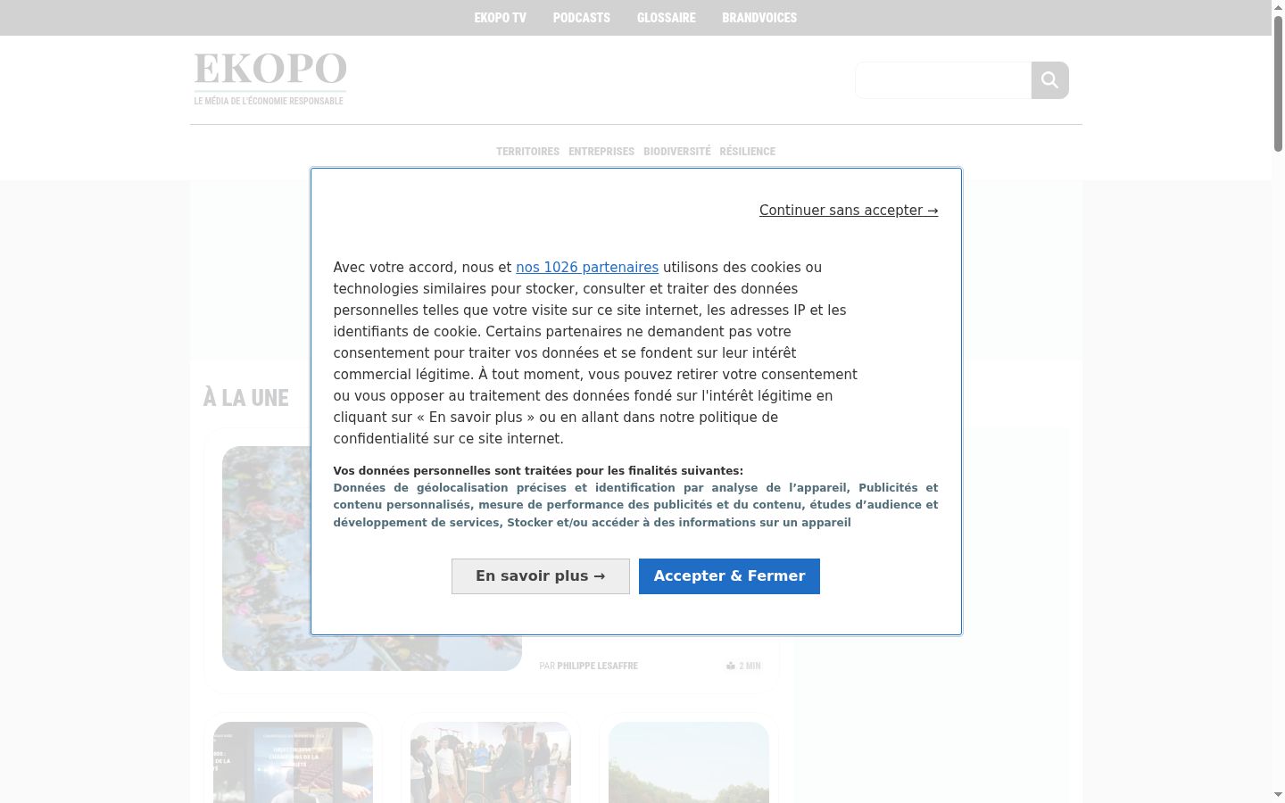 Capture d'écran de la bannière de consentement affichée avant toute interaction