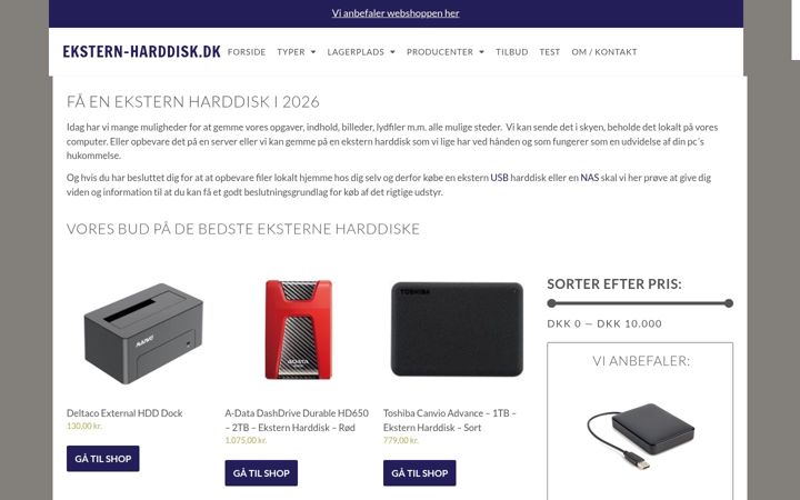 Screenshot stránky ekstern-harddisk.dk