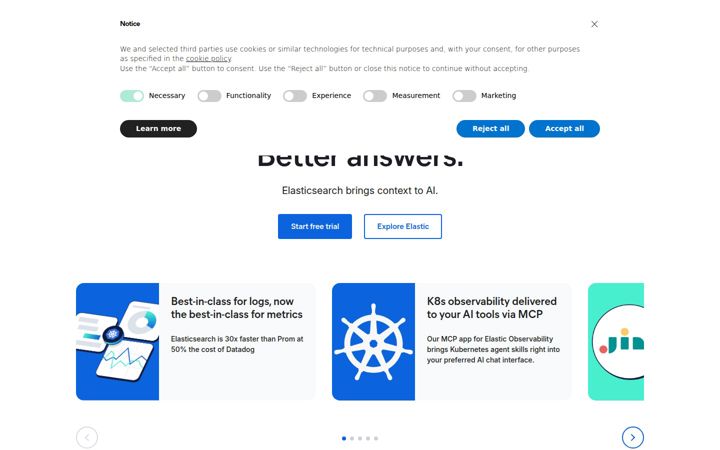 Captura de ecrã de elastic.co