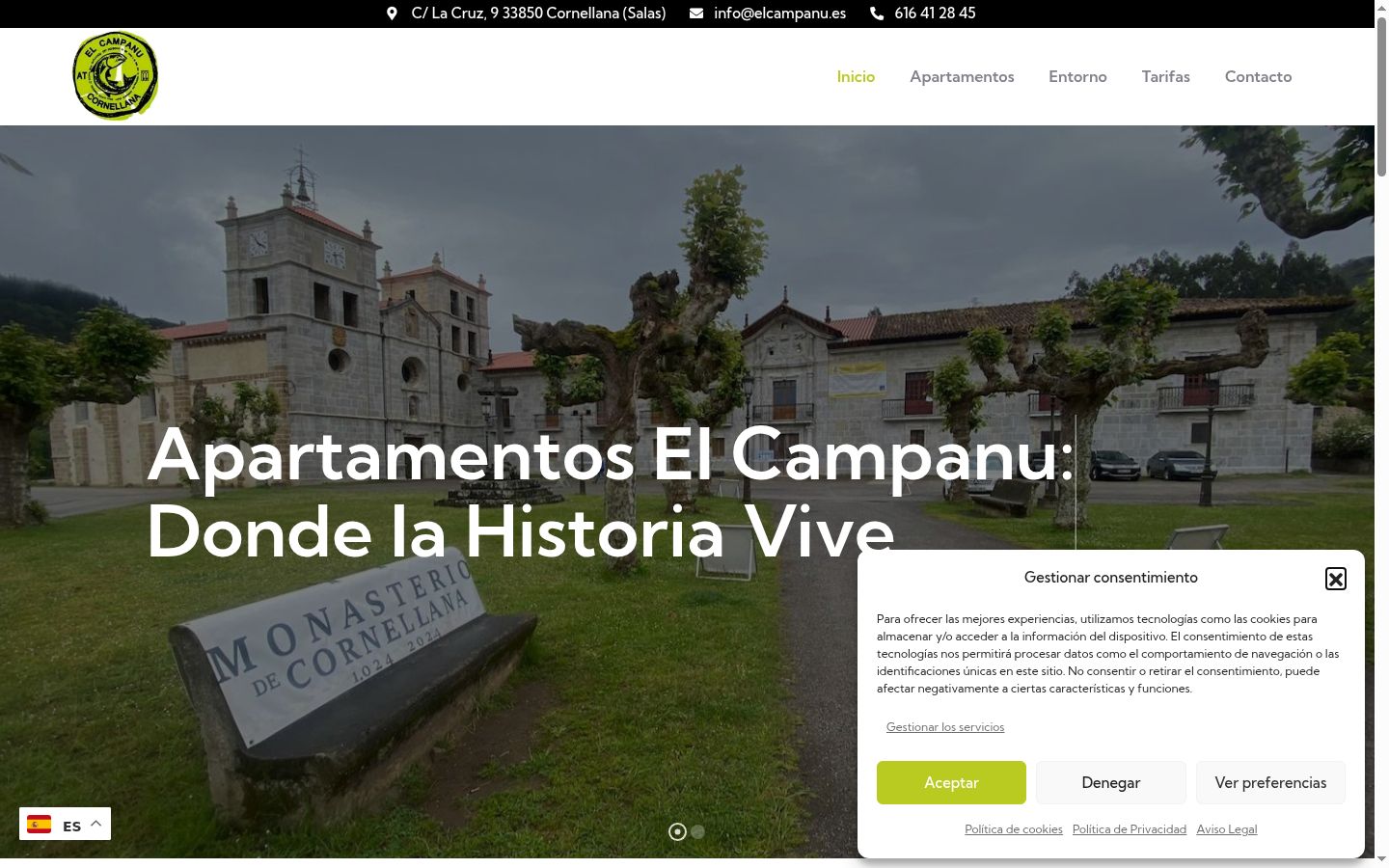 Captura de pantalla del banner de consentimiento mostrado antes de cualquier interacción