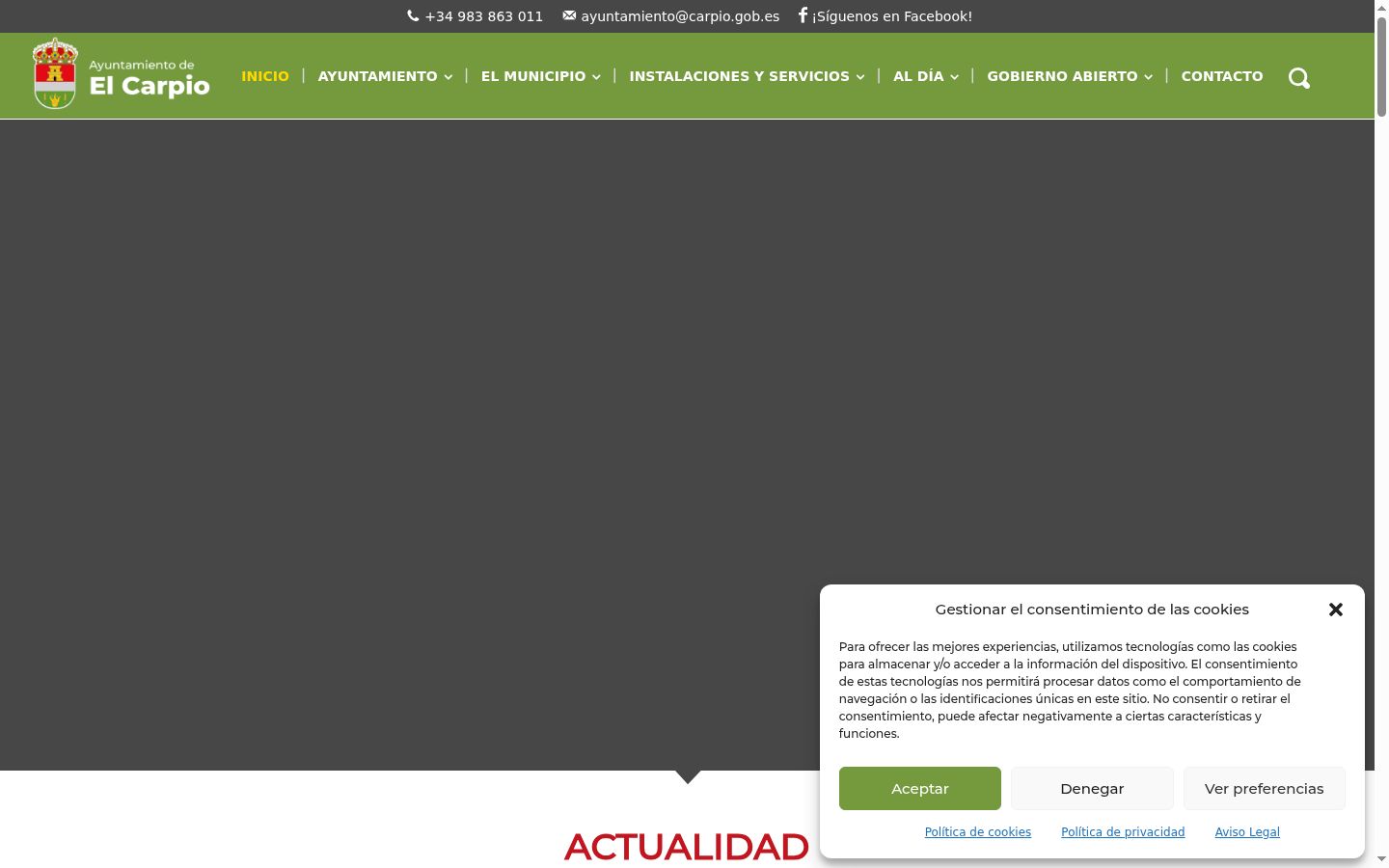 Captura de pantalla del banner de consentimiento mostrado antes de cualquier interacción