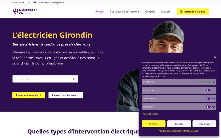 Screenshot stránky electriciengironde.fr