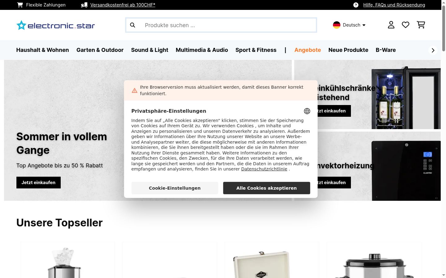 Screenshot des Einwilligungsbanners vor jeglicher Interaktion
