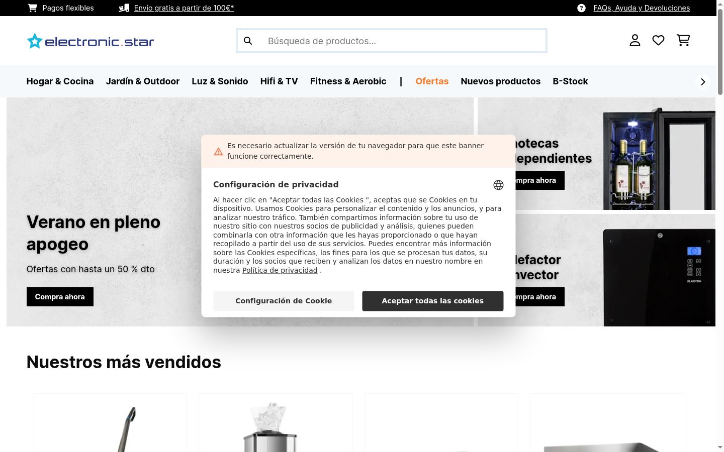 Captura de pantalla del banner de consentimiento mostrado antes de cualquier interacción