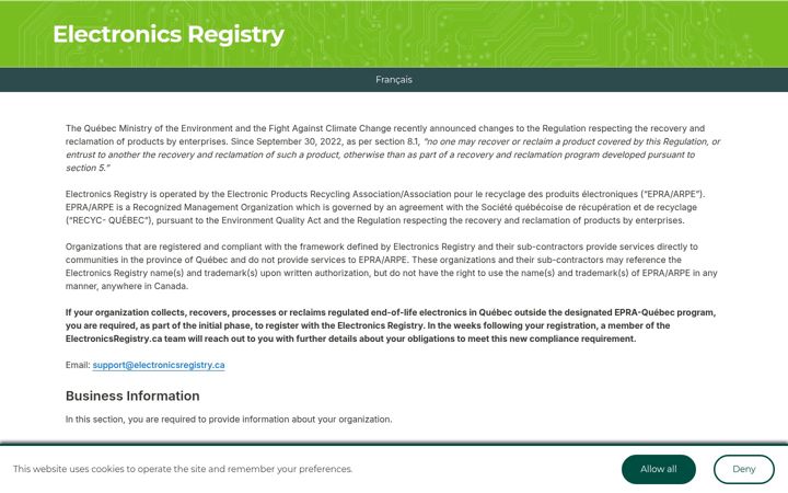 Captura de ecrã de electronicsregistry.ca