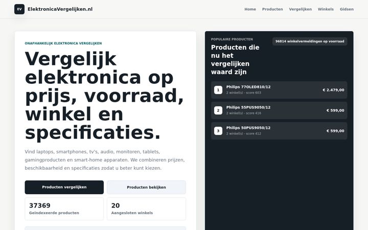 Ekrānuzņēmums no elektronicavergelijken.nl