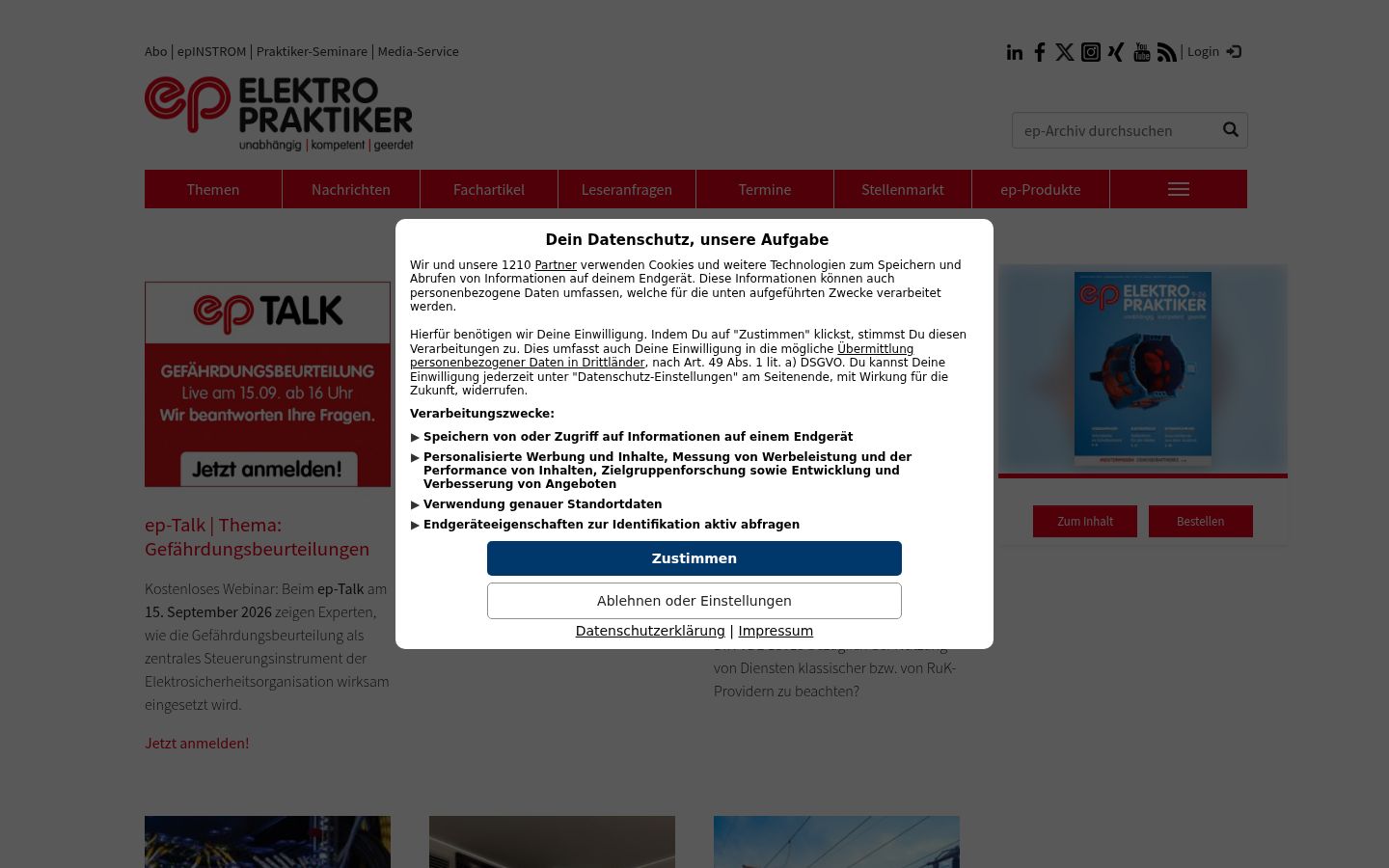Screenshot des Einwilligungsbanners vor jeglicher Interaktion