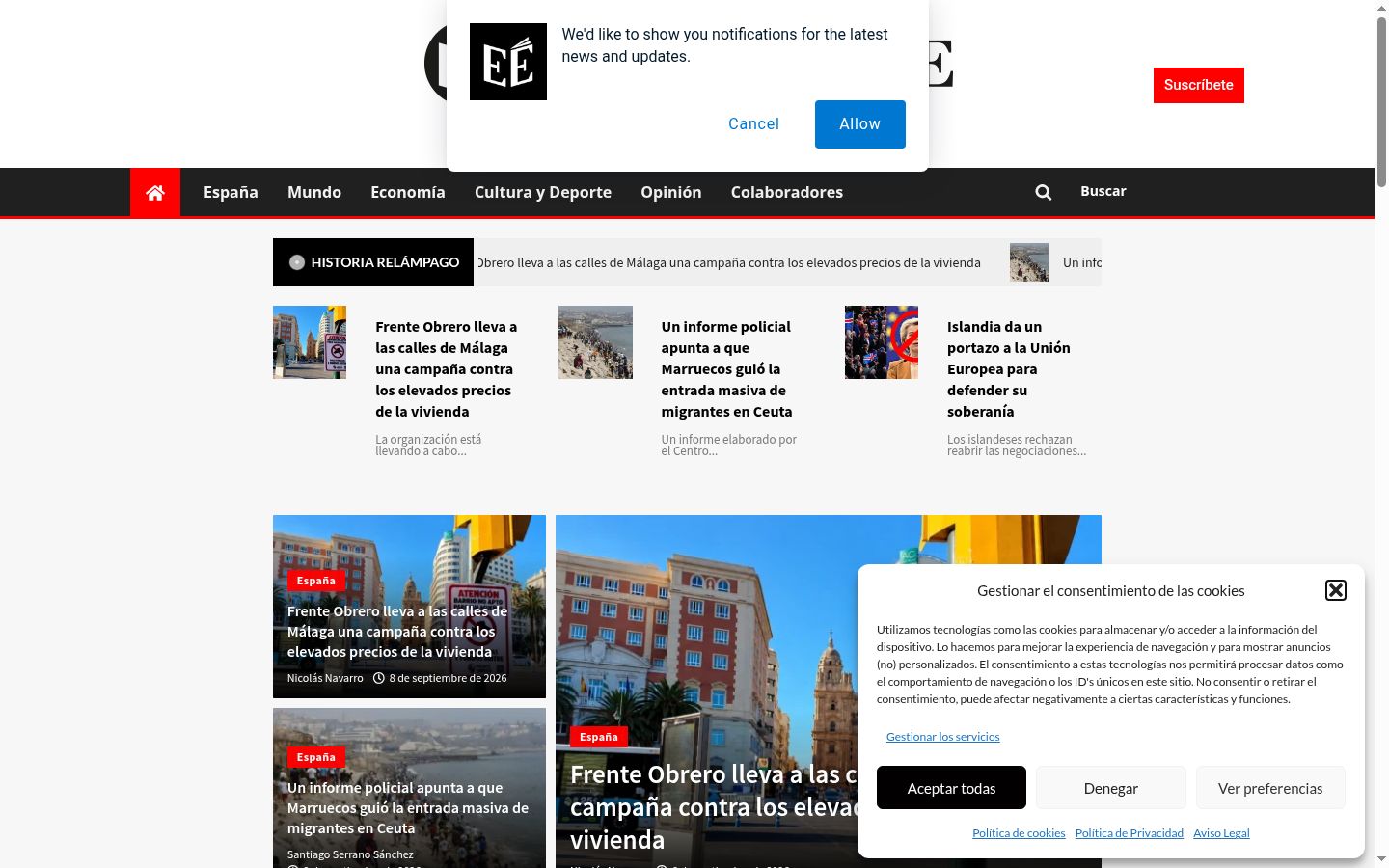 Captura de ecrã do banner de consentimento apresentado antes de qualquer interação