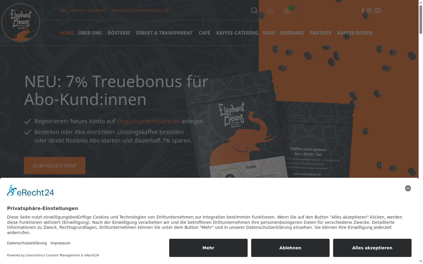 Screenshot des Einwilligungsbanners vor jeglicher Interaktion