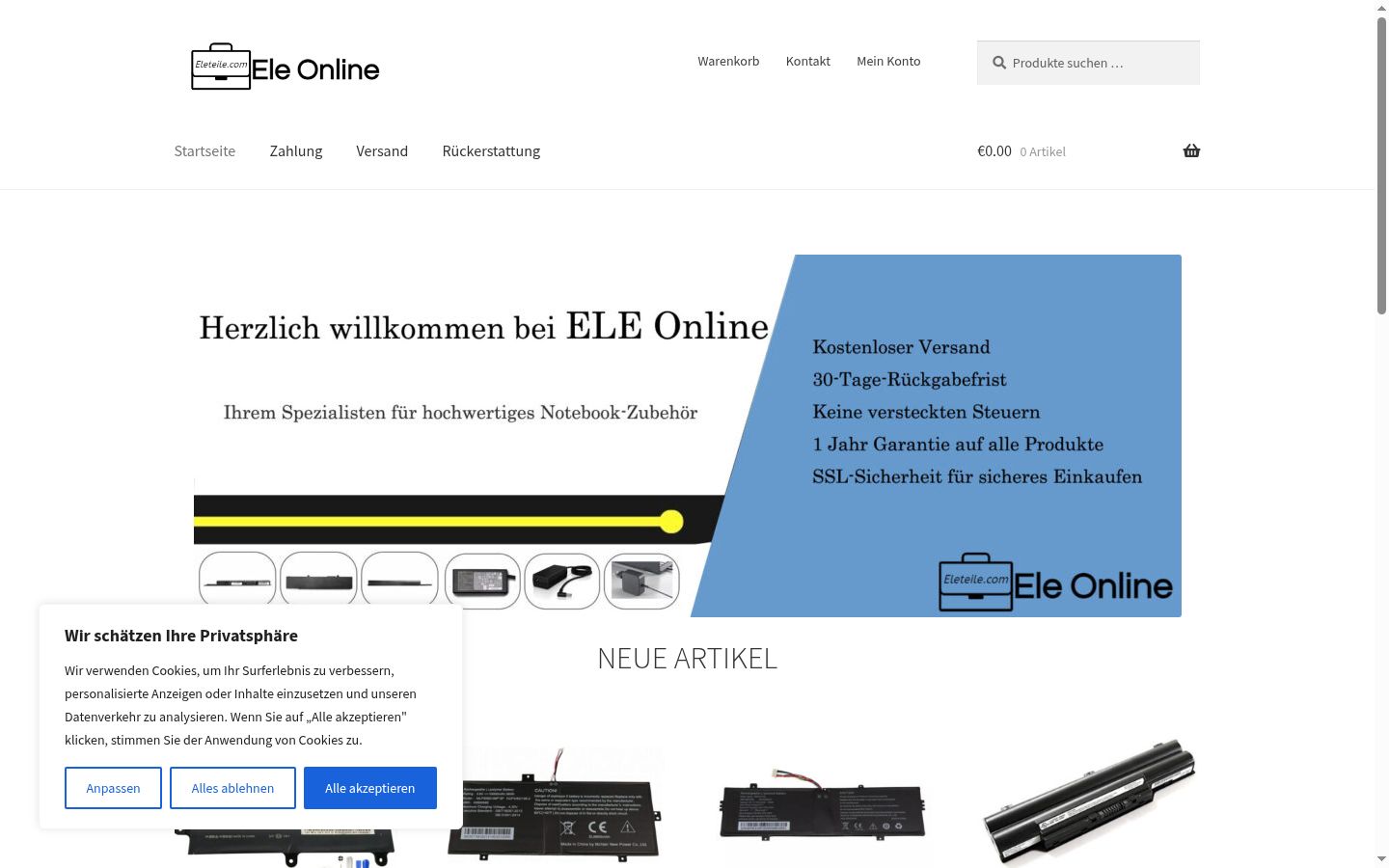 Screenshot des Einwilligungsbanners vor jeglicher Interaktion