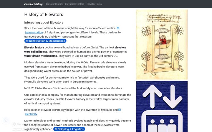 Screenshot ta' elevatorhistory.net