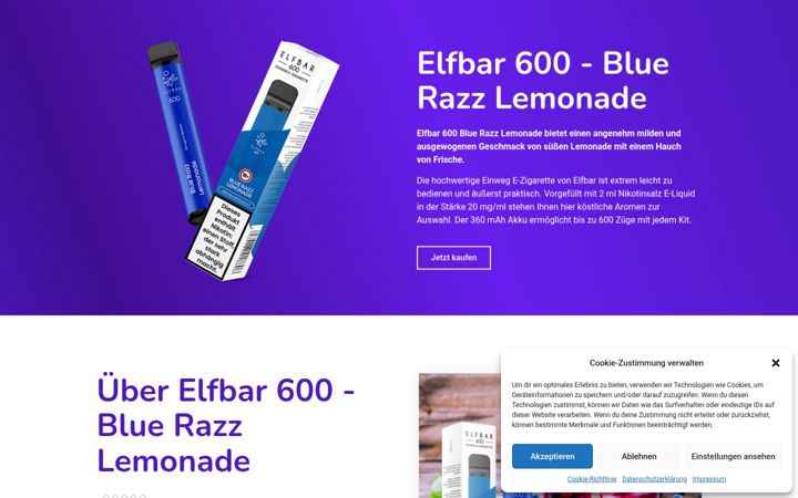 Captură de ecran a elfbar-blue-razz-lemonade.de