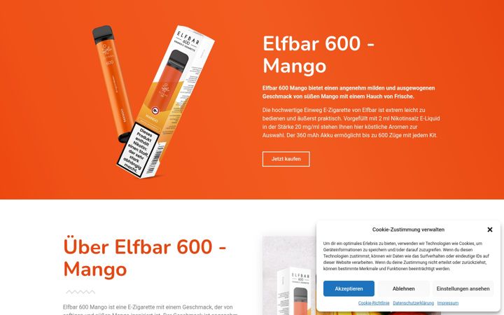 Captură de ecran a elfbar-mango.de