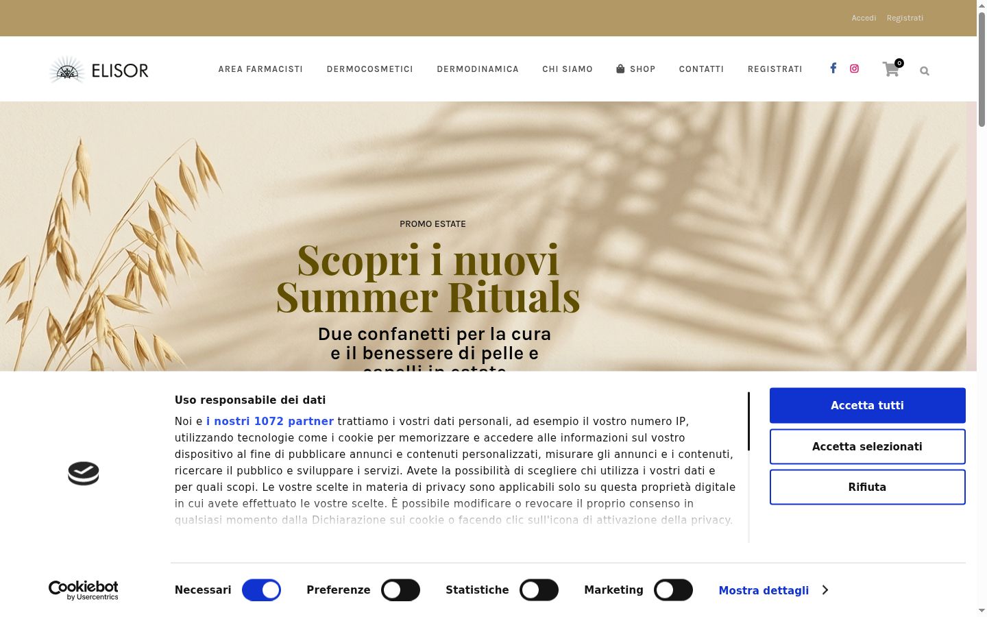 Screenshot del banner di consenso mostrato prima di qualsiasi interazione