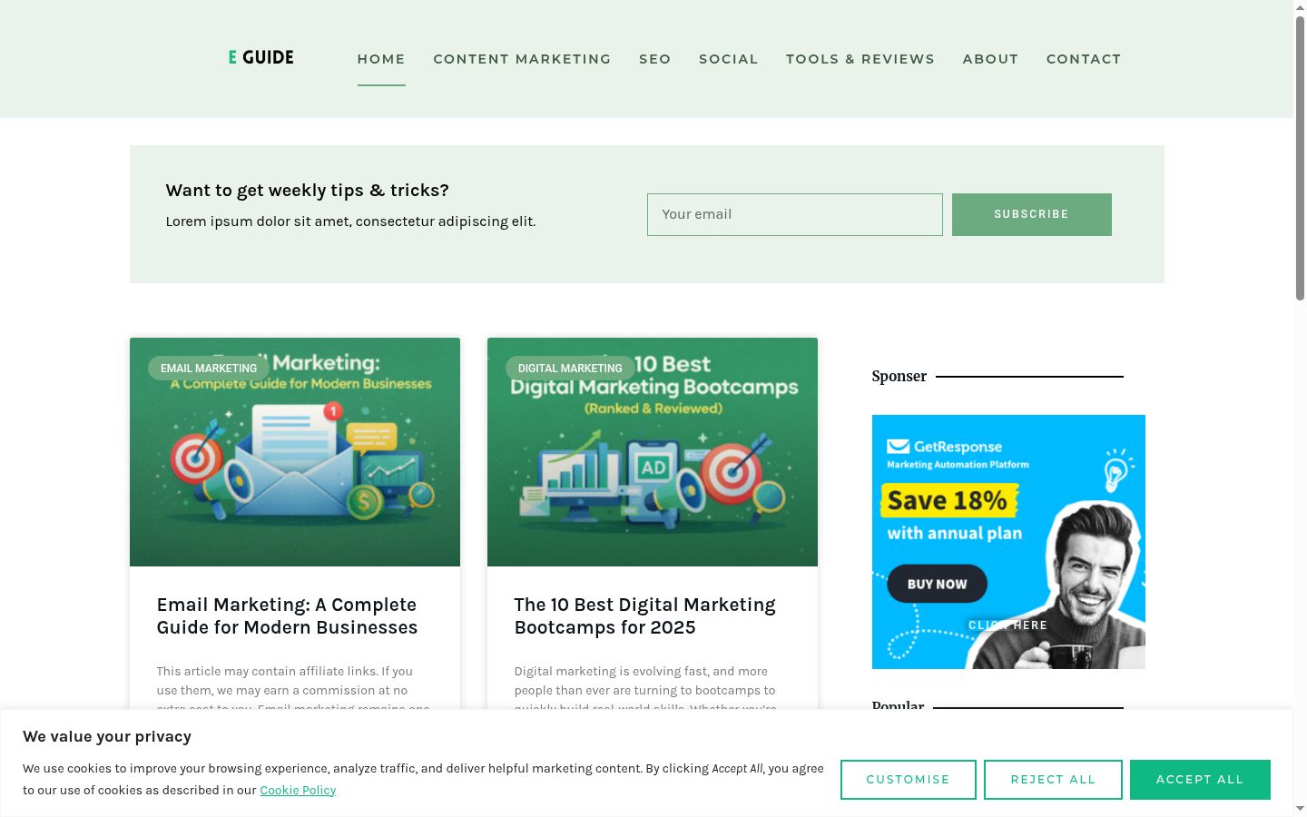 Screenshot del banner di consenso mostrato prima di qualsiasi interazione