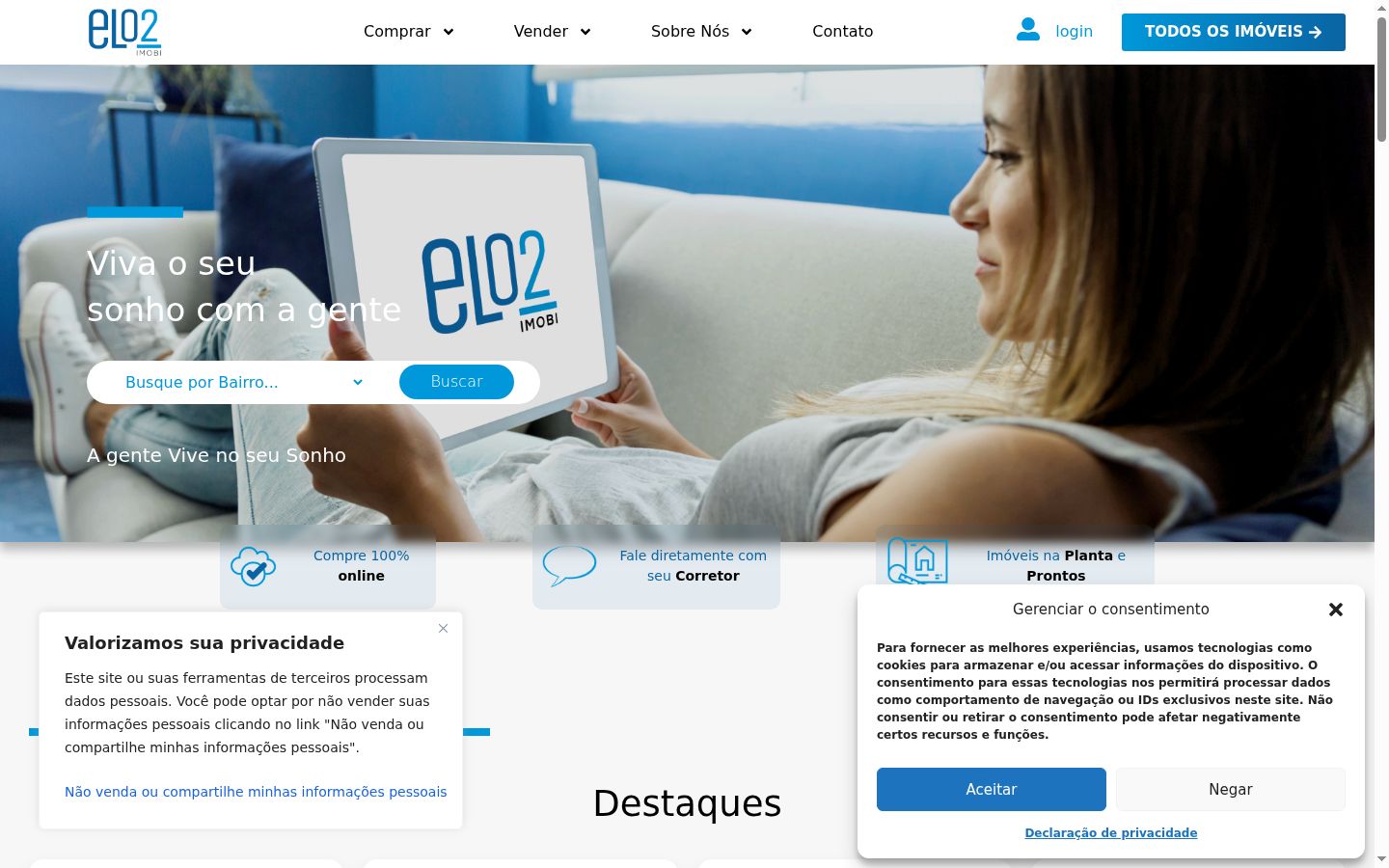 Captura de ecrã do banner de consentimento apresentado antes de qualquer interação