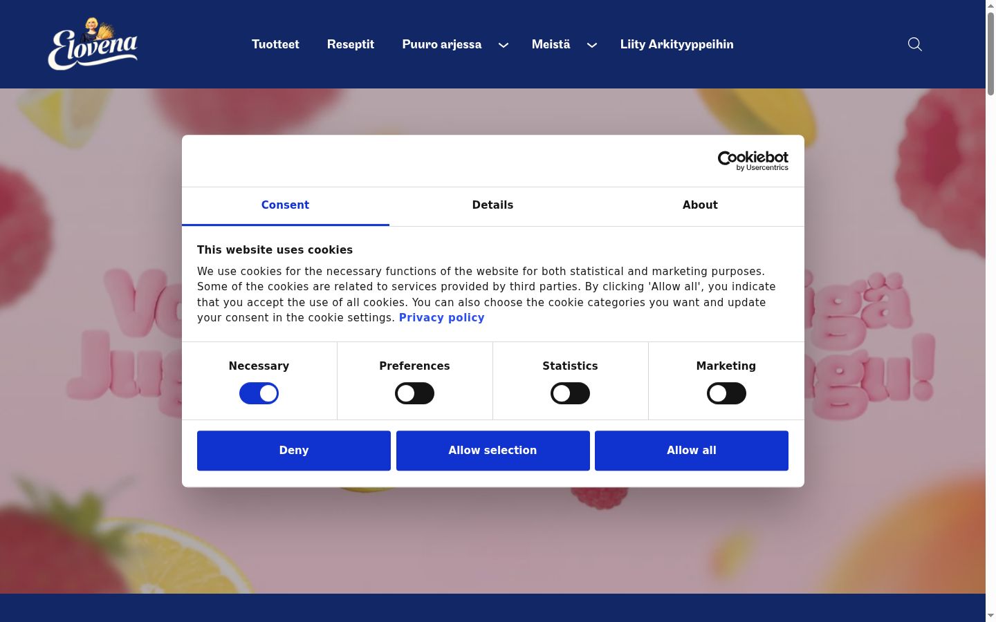 Screenshot del banner di consenso mostrato prima di qualsiasi interazione