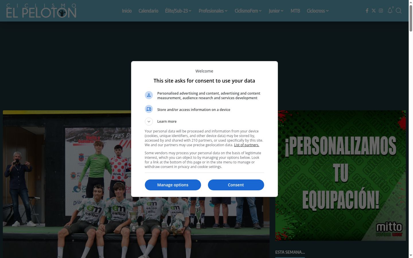 Screenshot del banner di consenso mostrato prima di qualsiasi interazione