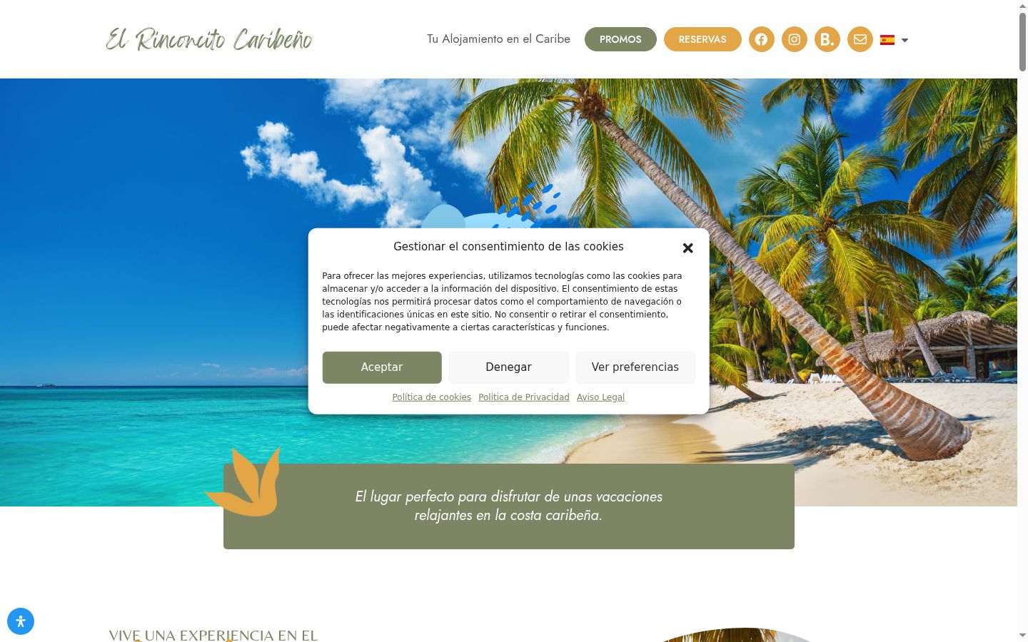 Captura de pantalla del banner de consentimiento mostrado antes de cualquier interacción