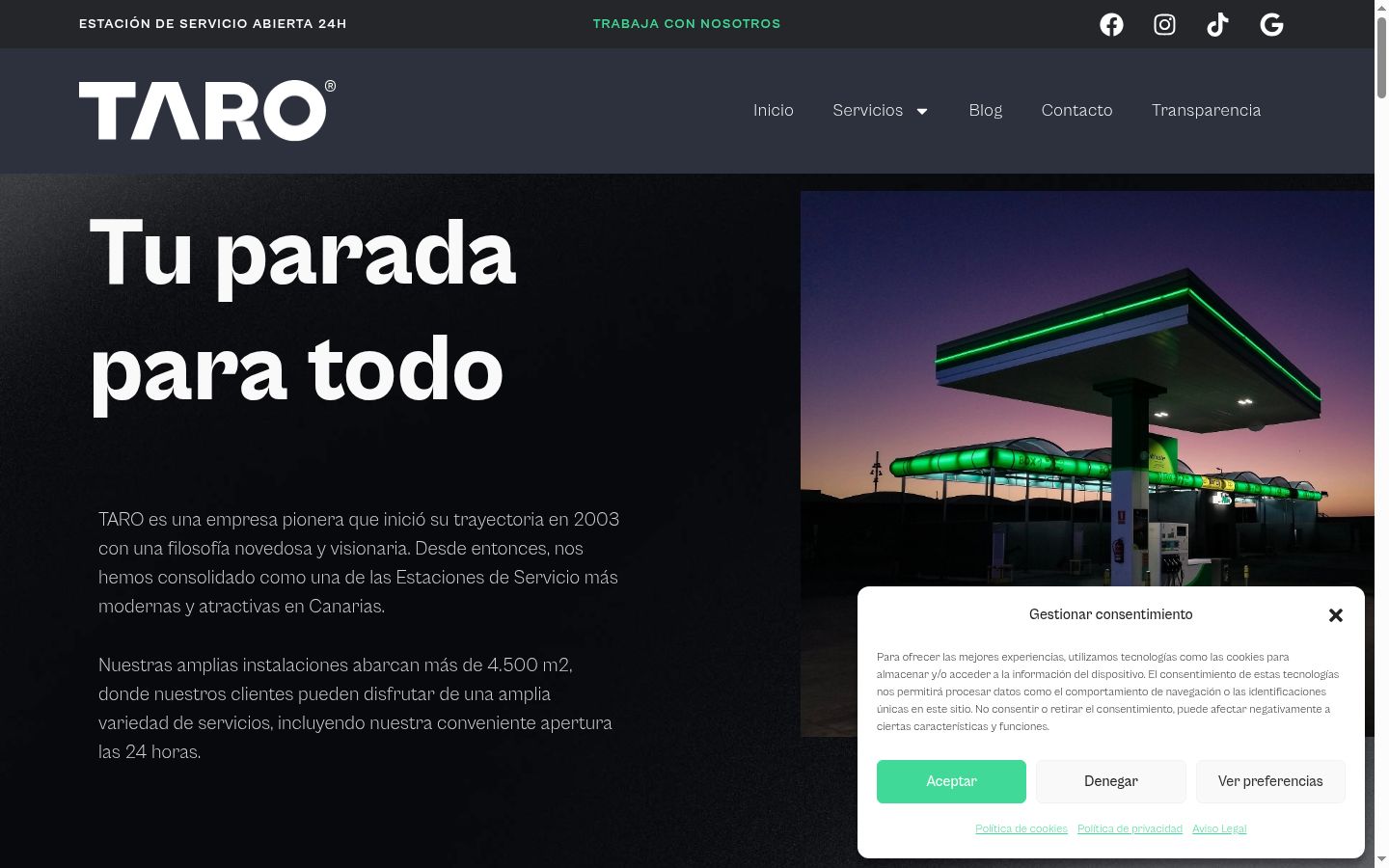 Captura de pantalla del banner de consentimiento mostrado antes de cualquier interacción