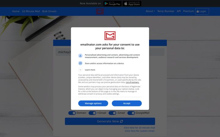 Screenshot of emailnator.com