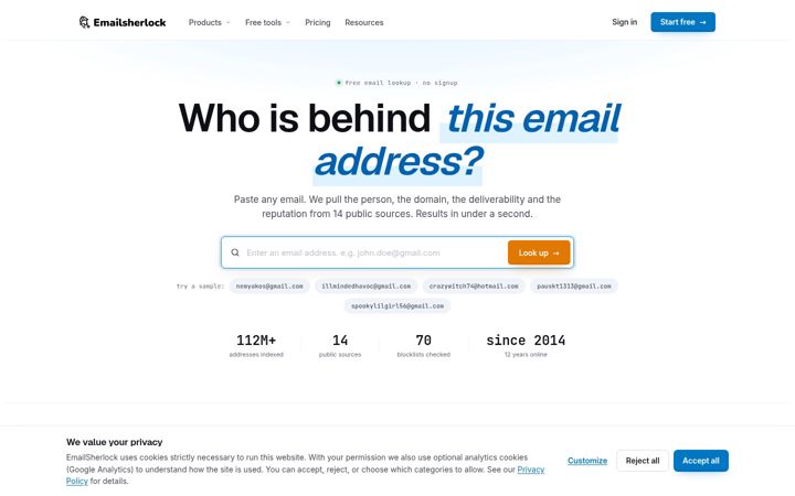 Kuvakaappaus sivustosta emailsherlock.com