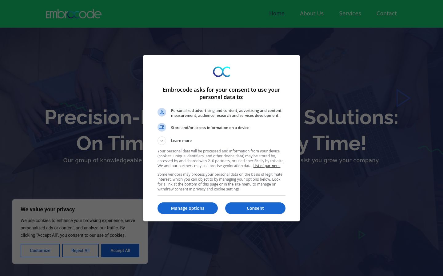 Screenshot del banner di consenso mostrato prima di qualsiasi interazione