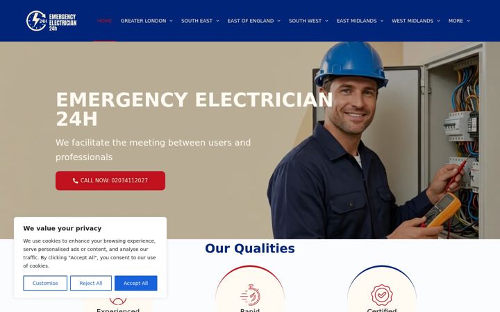 Skjámynd af emergencyelectrician24h.co.uk