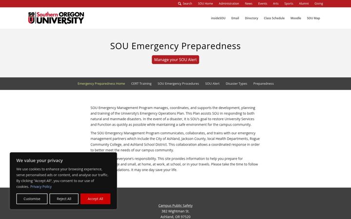Screenshot of emergencypreparedness.sou.edu