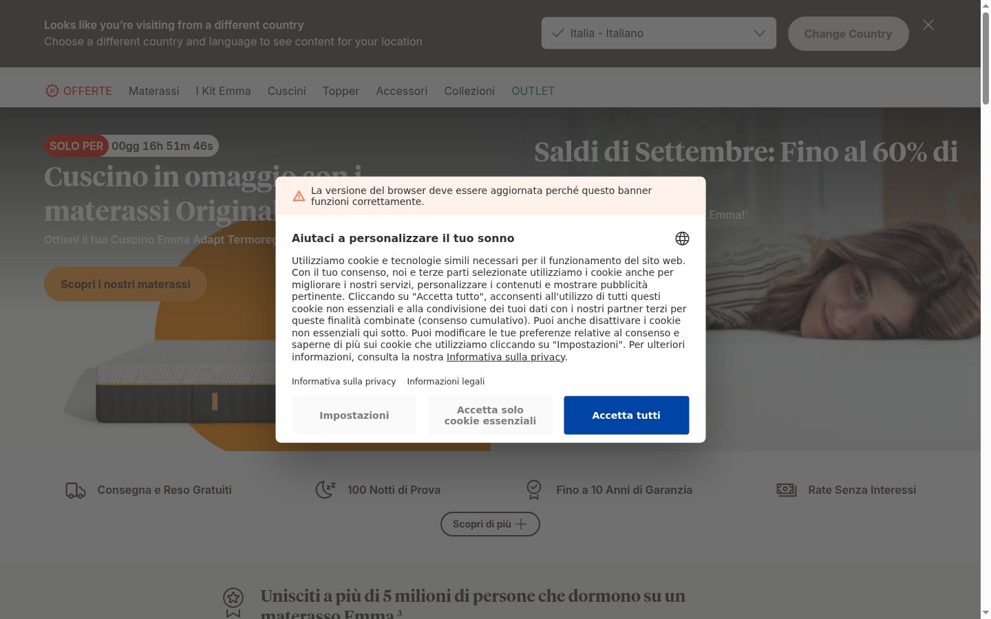 Screenshot del banner di consenso mostrato prima di qualsiasi interazione
