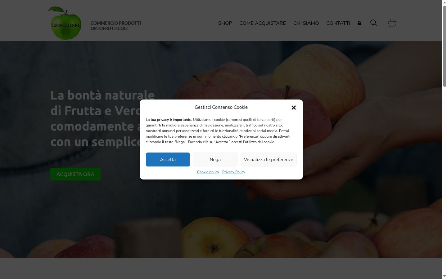 Screenshot del banner di consenso mostrato prima di qualsiasi interazione