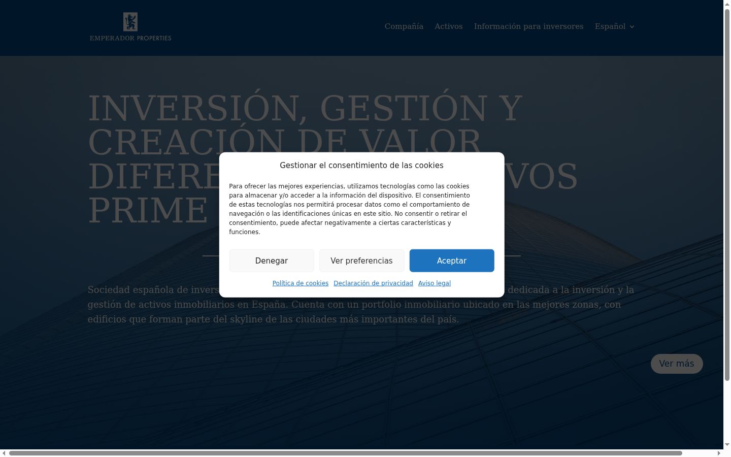 Captura de pantalla del banner de consentimiento mostrado antes de cualquier interacción