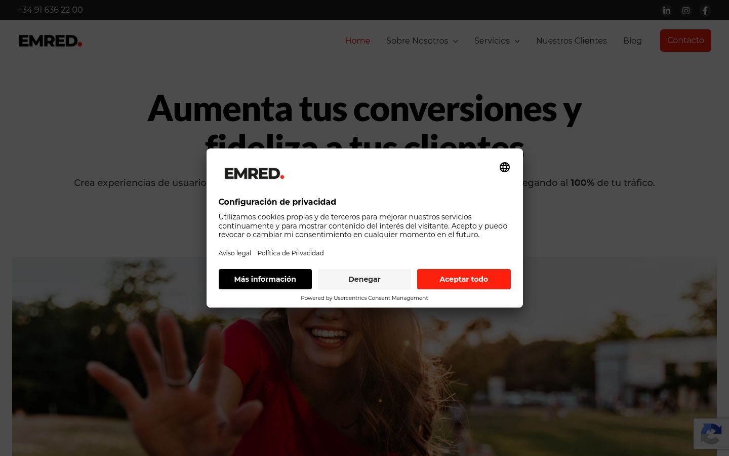 Captura de pantalla del banner de consentimiento mostrado antes de cualquier interacción