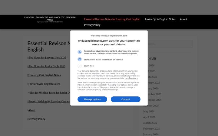 Screenshot of endasenglishnotes.com