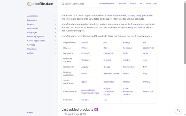 Screenshot of endoflife.date