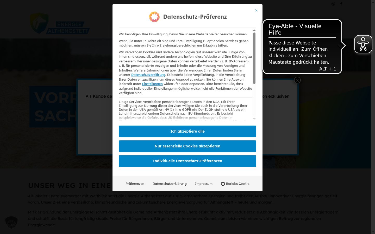 Captura de ecrã do banner de consentimento apresentado antes de qualquer interação