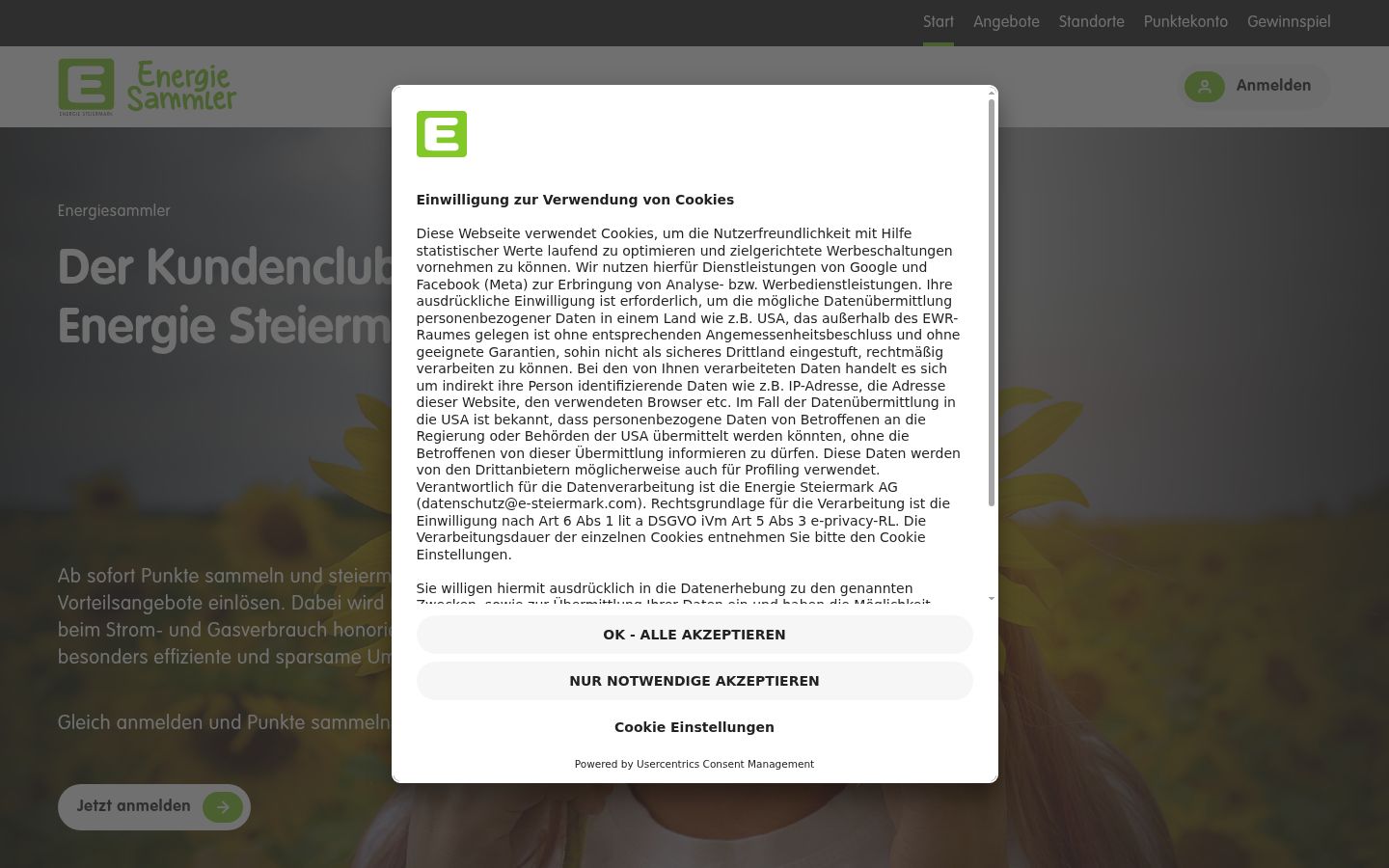 Screenshot des Einwilligungsbanners vor jeglicher Interaktion