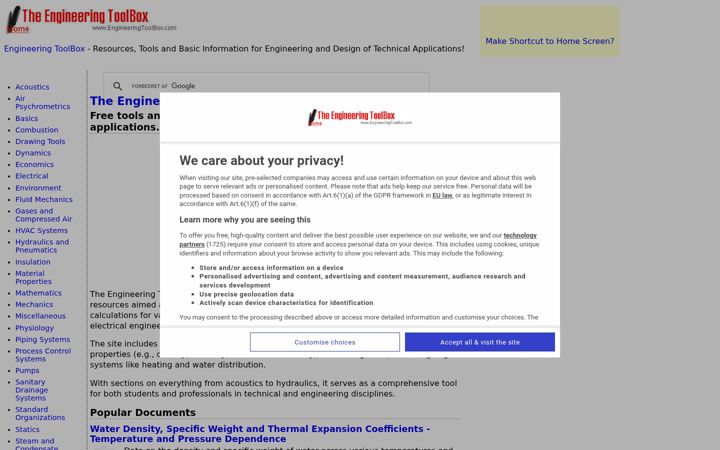Screenshot van engineeringtoolbox.com