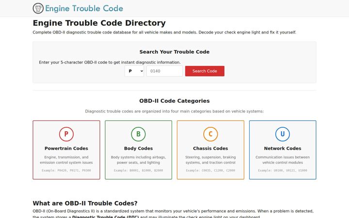 Screenshot von enginetroublecode.com