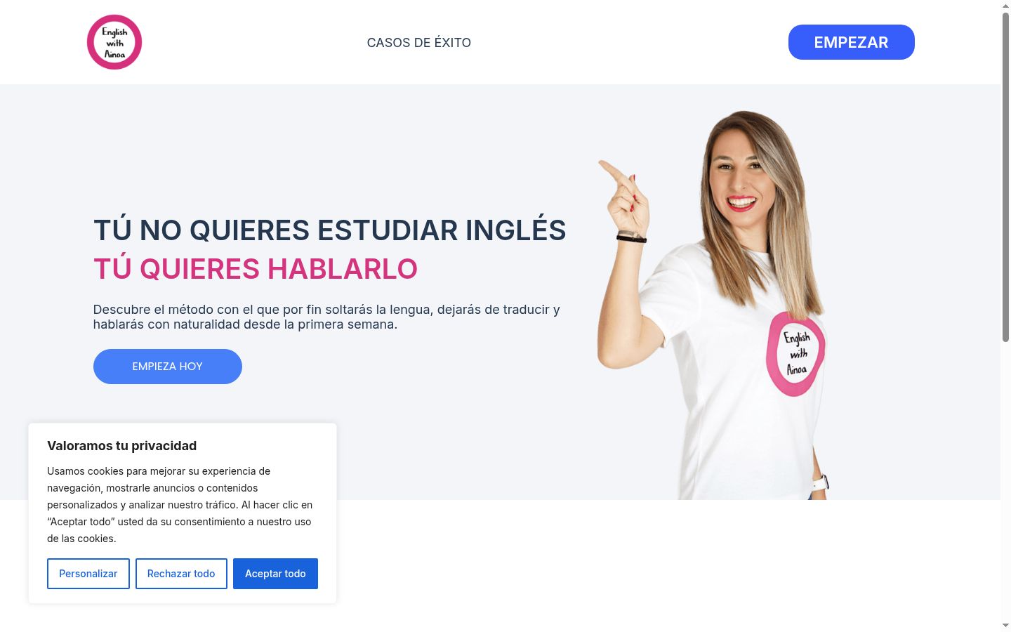 Captura de pantalla del banner de consentimiento mostrado antes de cualquier interacción