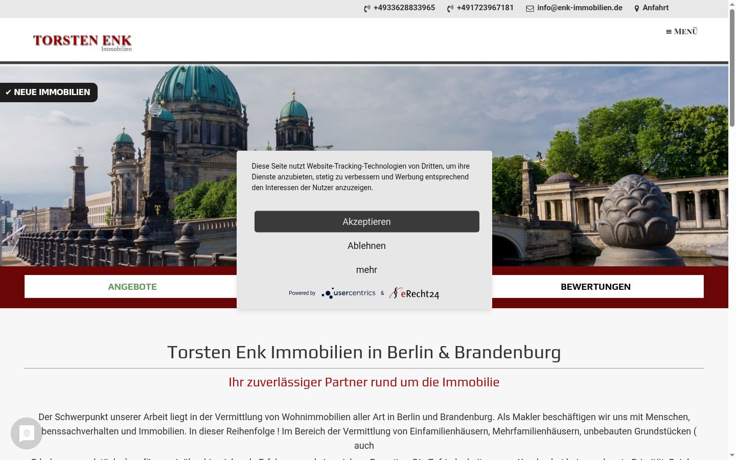 Screenshot des Einwilligungsbanners vor jeglicher Interaktion
