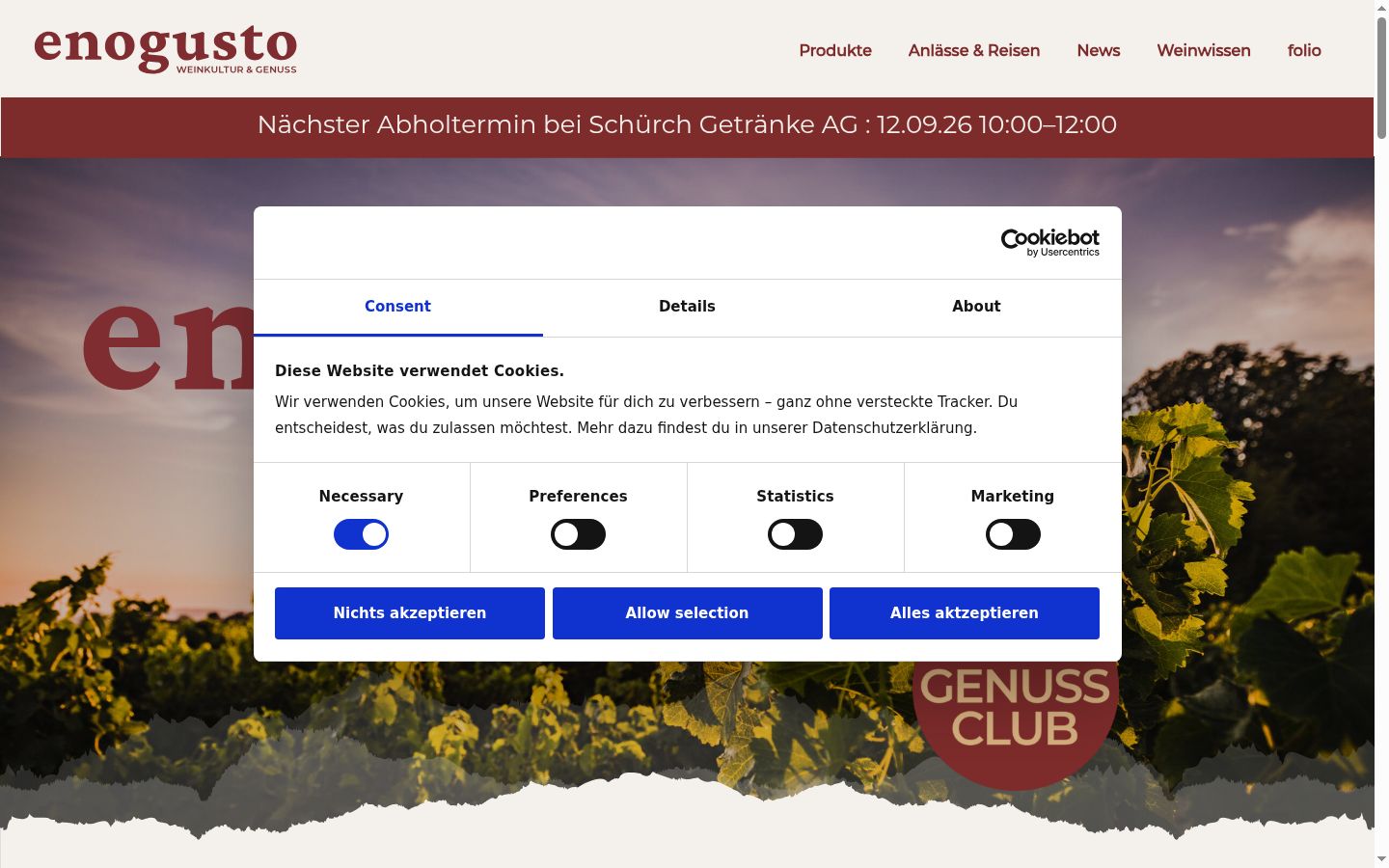 Screenshot van de toestemmingsbanner zoals getoond vóór enige interactie